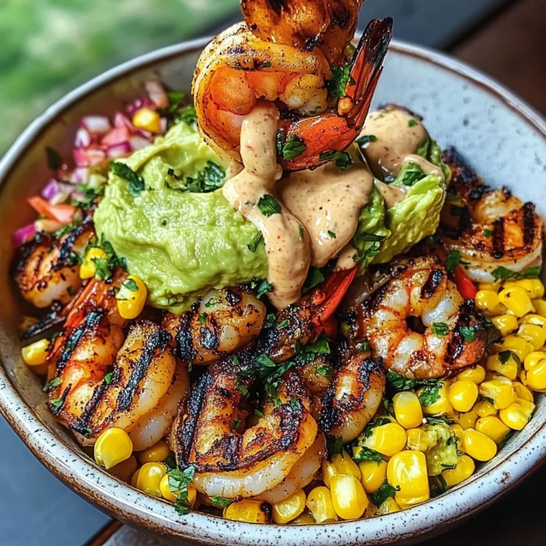 Grilled Shrimp Bowl with Avocado, Corn Salsa & Creamy Sauce