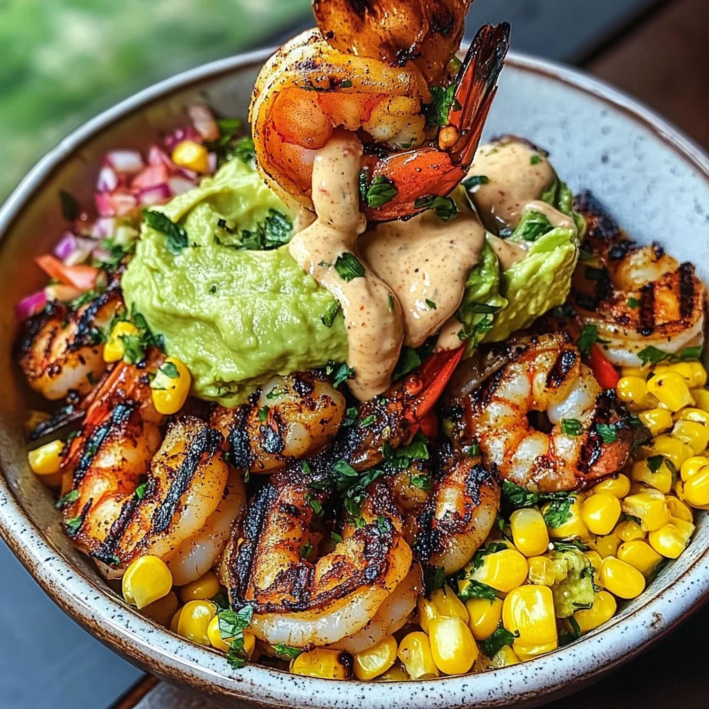 Grilled Shrimp Bowl with Avocado, Corn Salsa & Creamy Sauce